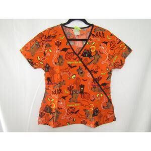 Scooby-Doo Halloween Scrub Top Womens Small Orange Cartoon Medical Uniform Nurse
